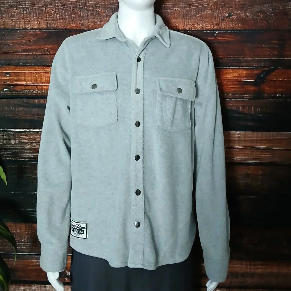 True Religion Top Mens M Gray Polar Fleece Shacket Snap Front Shirt Jacket